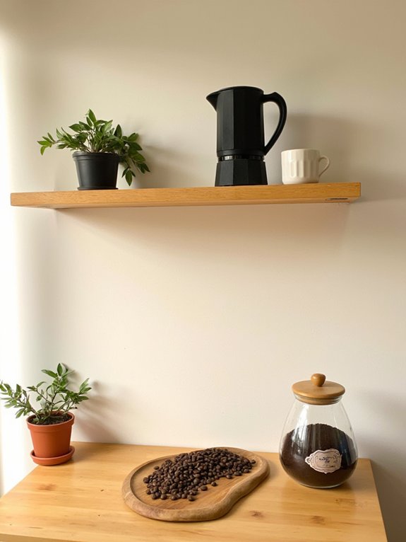 cozy floating shelf coffee bar
