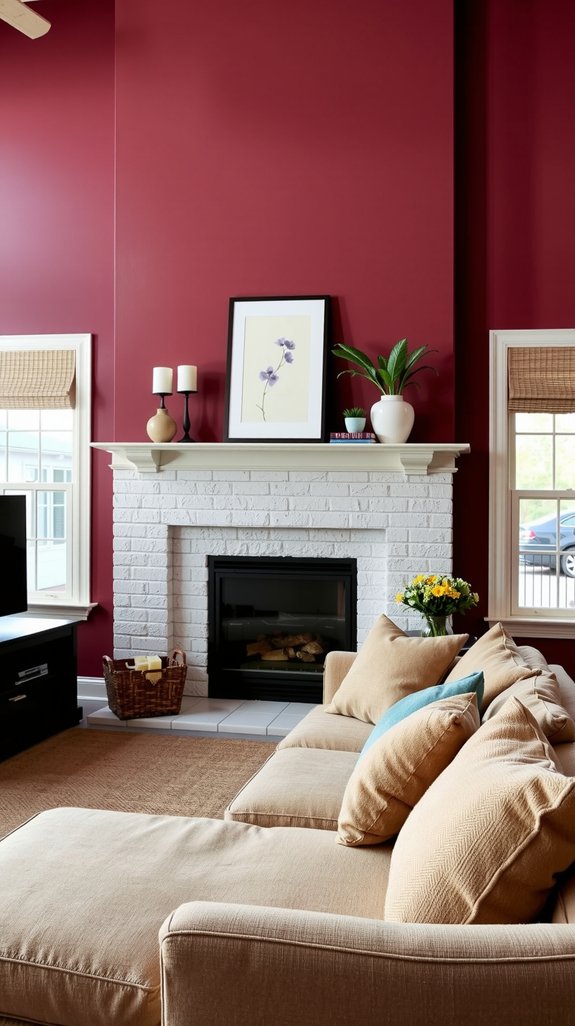 dramatic burgundy fireplace accent