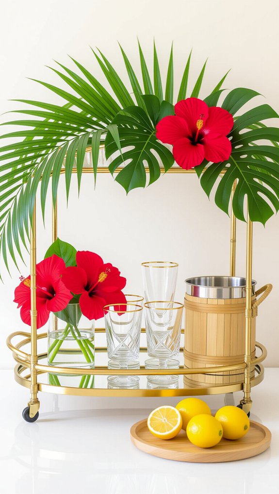 tropical bar cart setup