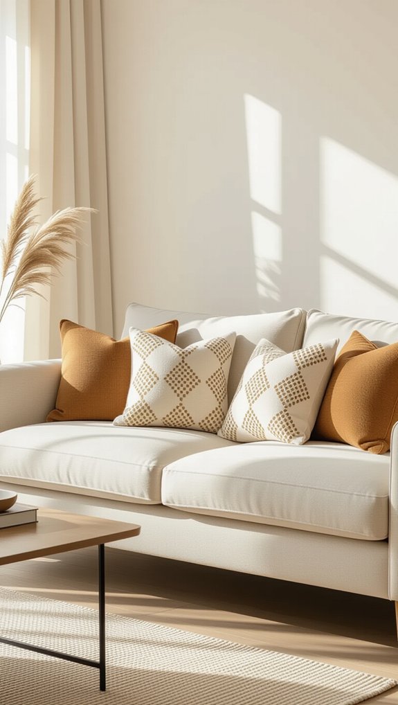 16 Beige Living Room Ideas for a Stylish and Cozy Space 3 patterned pillows enhance beige sofa