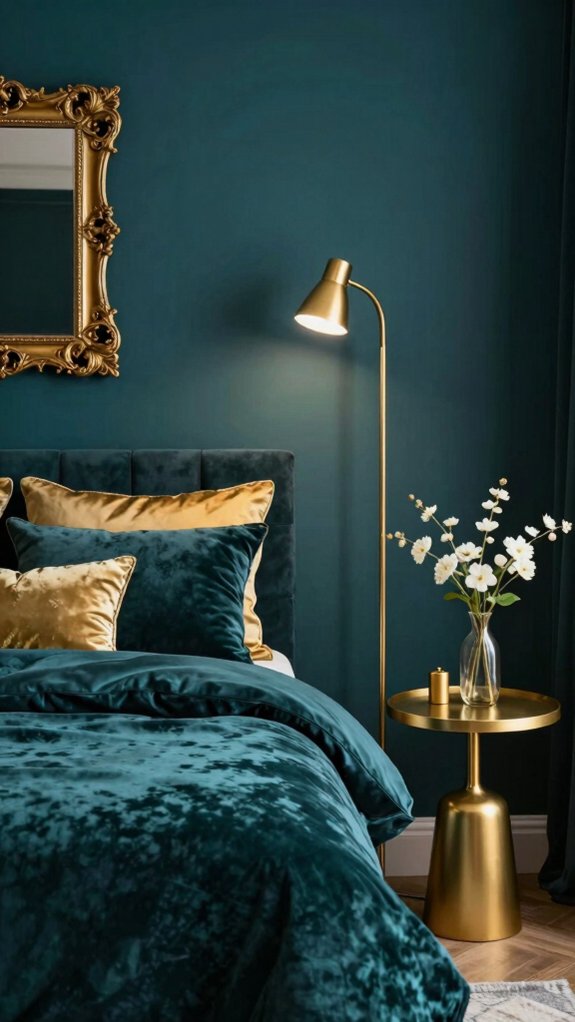 gold accents enhance dark teal