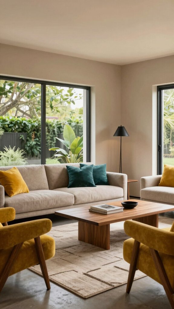 17 Mid Century Modern Living Room Ideas That Never Go Out of Style 6 neutral decor with bold accents