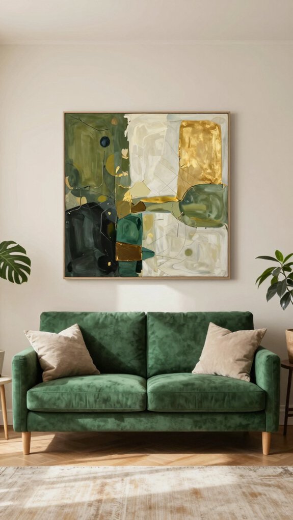 15 Green Couch Living Room Ideas That Feel Fresh and Balanced 7 wall art color harmony