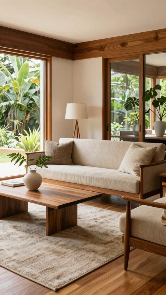 17 Mid Century Modern Living Room Ideas That Never Go Out of Style 3 warm wood tones contrast