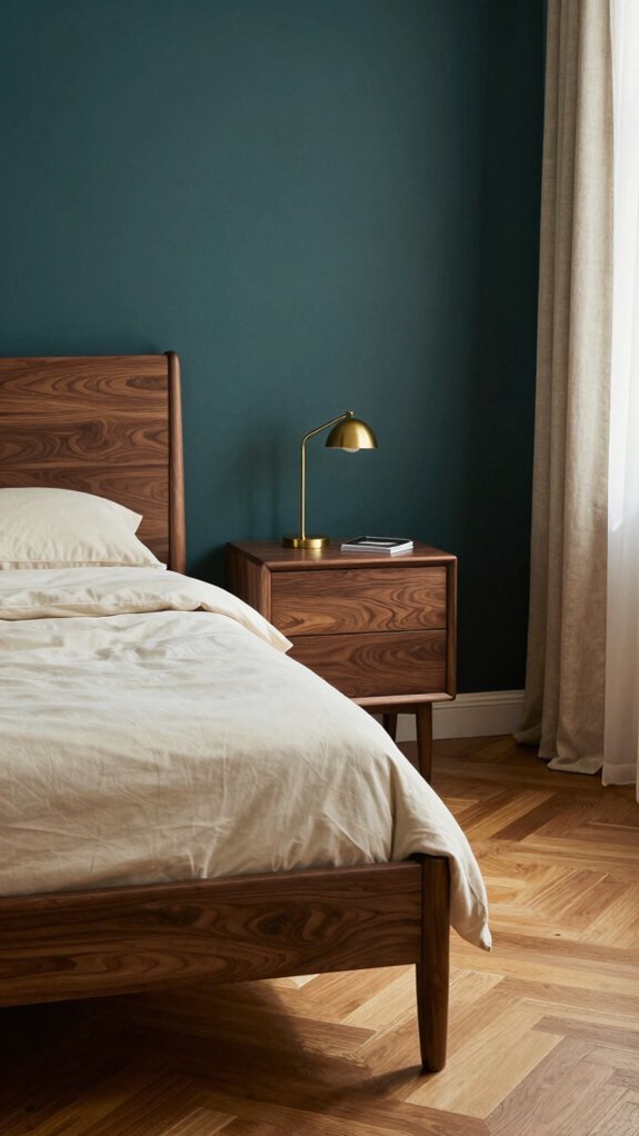 wood tones enhance dark teal