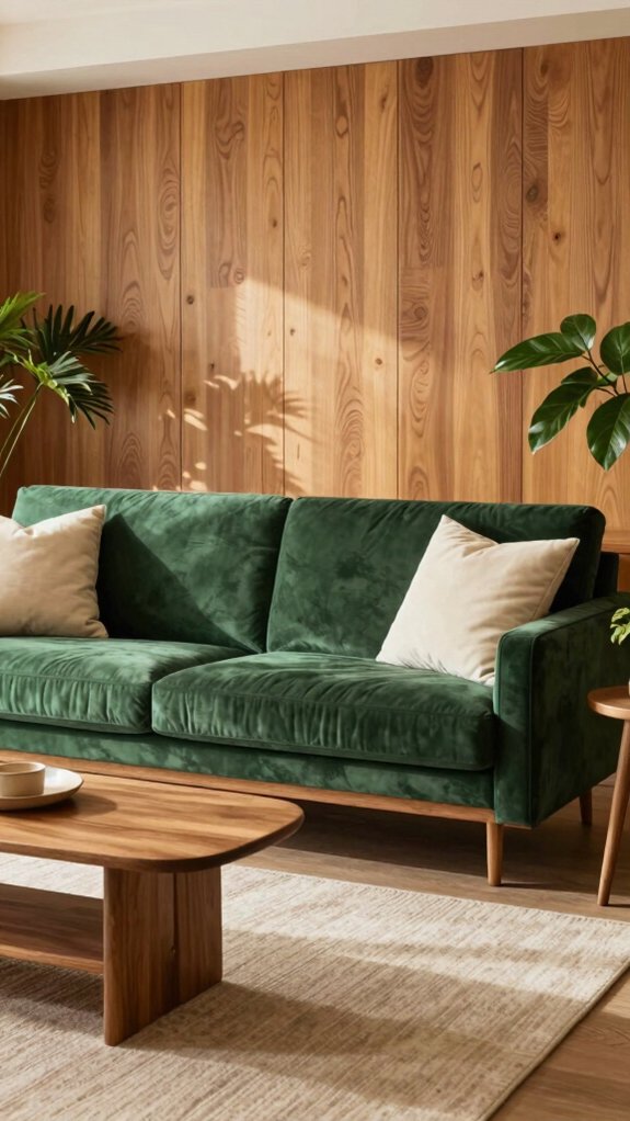 15 Green Couch Living Room Ideas That Feel Fresh and Balanced 4 wood tones enhance green d cor