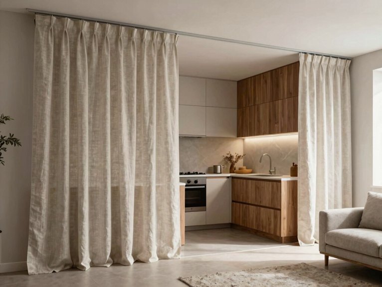 Kitchen and Living Room Divider Ideas for Small Spaces 18 ceiling track floor to ceiling curtains