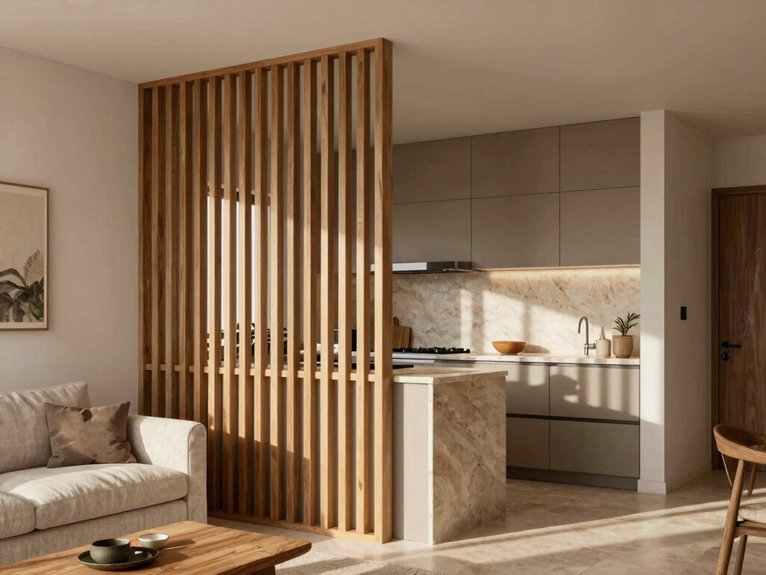 Kitchen and Living Room Divider Ideas for Small Spaces 7 hand spaced pale wood slats