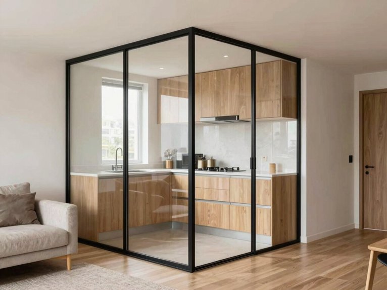 Kitchen and Living Room Divider Ideas for Small Spaces 8 slim framed tempered glass wall