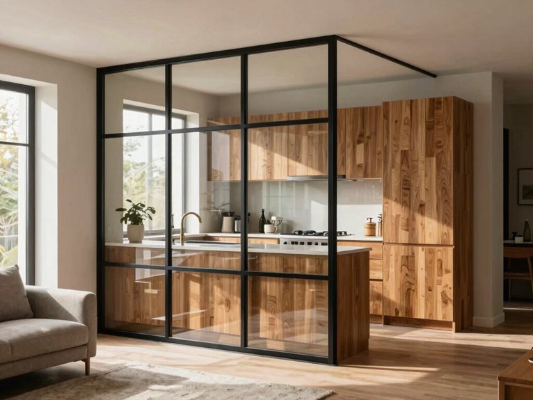 Kitchen and Living Room Divider Ideas for Small Spaces 21 warm wood frosted glass