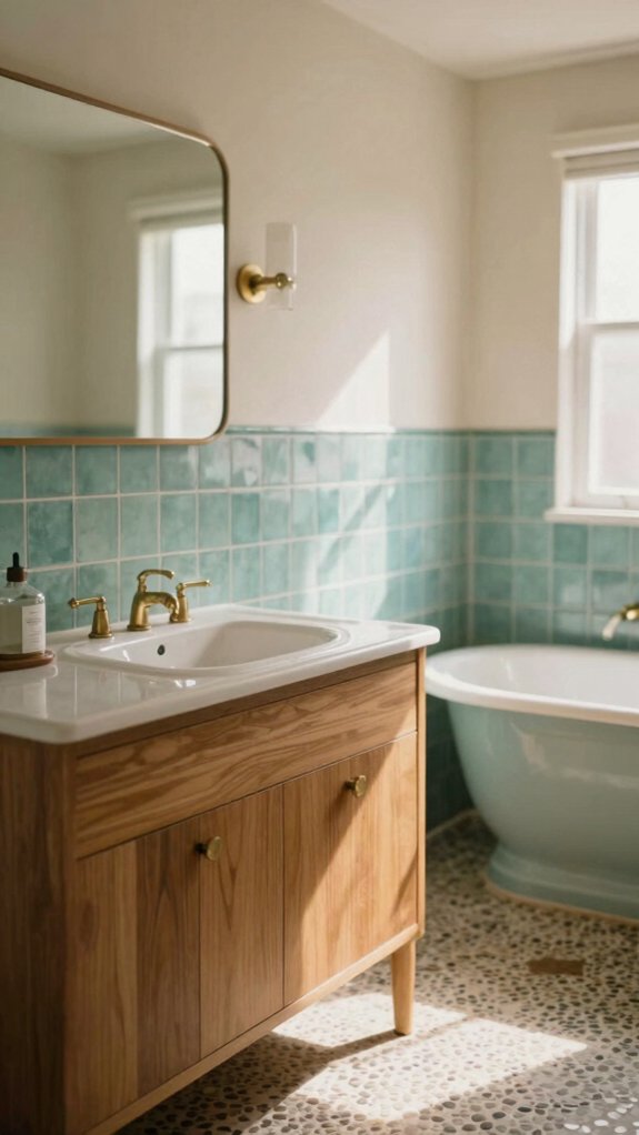 Mid Century Bathrooms That Feel Warm Without Looking Vintage 5 deep blue vanity brass hardware