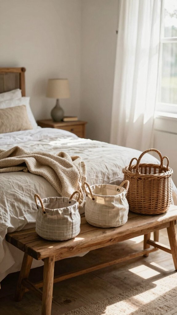 Farmhouse Bedroom Decor Ideas That Work Even Without a Closet 7 farmhouse bench with baskets