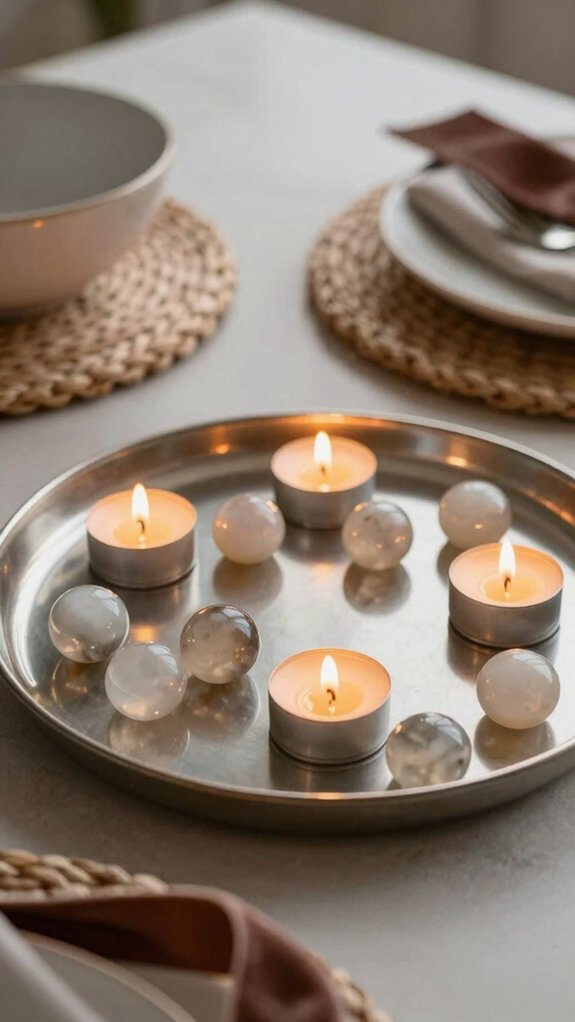 Candle Tray Decor Ideas That Instantly Make a Space Feel Warm and Elevated 7 flat marbles polished candle tray