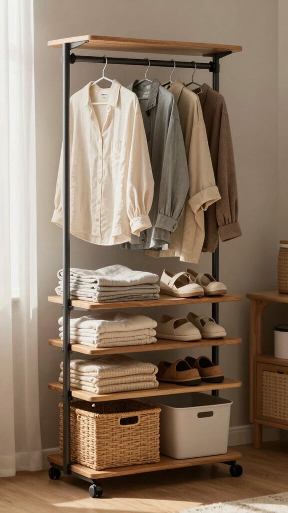 Small Space Storage System That Organizes Your Entire Room Without a Closet 7 freestanding wheeled wardrobe storage