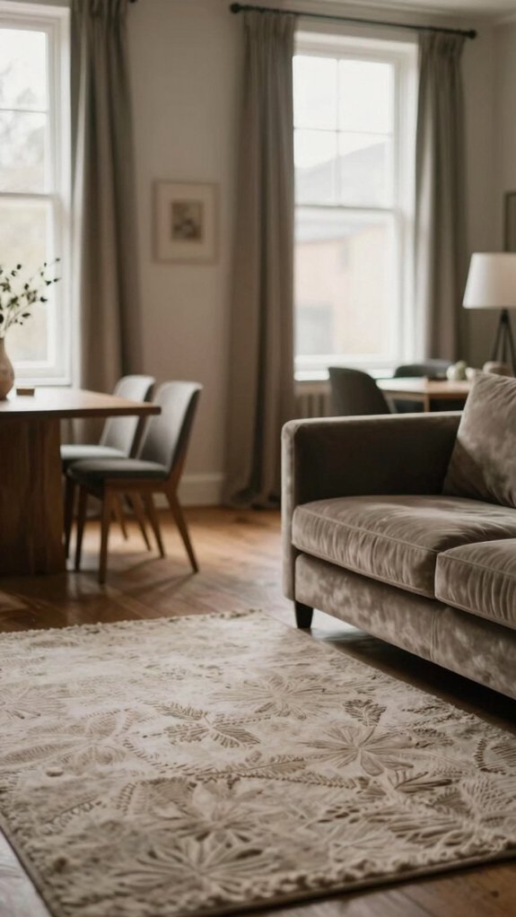 Living Dining Layouts That Reduce Visual Noise Instantly 4 layer rugs and velvet drapes