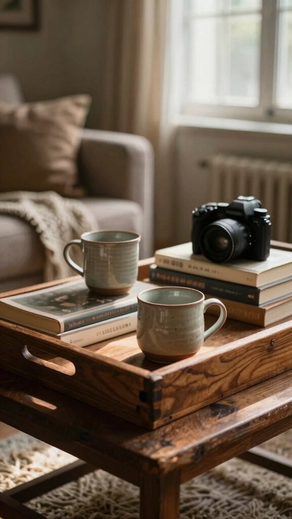 layered books mugs texture