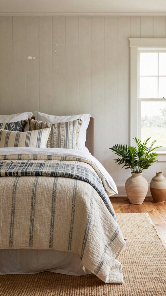 Farmhouse Bedroom Decor Ideas That Work Even Without a Closet 21 minimal patterns balanced and calm