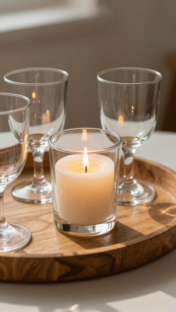 Candle Tray Decor Ideas That Instantly Make a Space Feel Warm and Elevated 12 mossy tray with glass votives