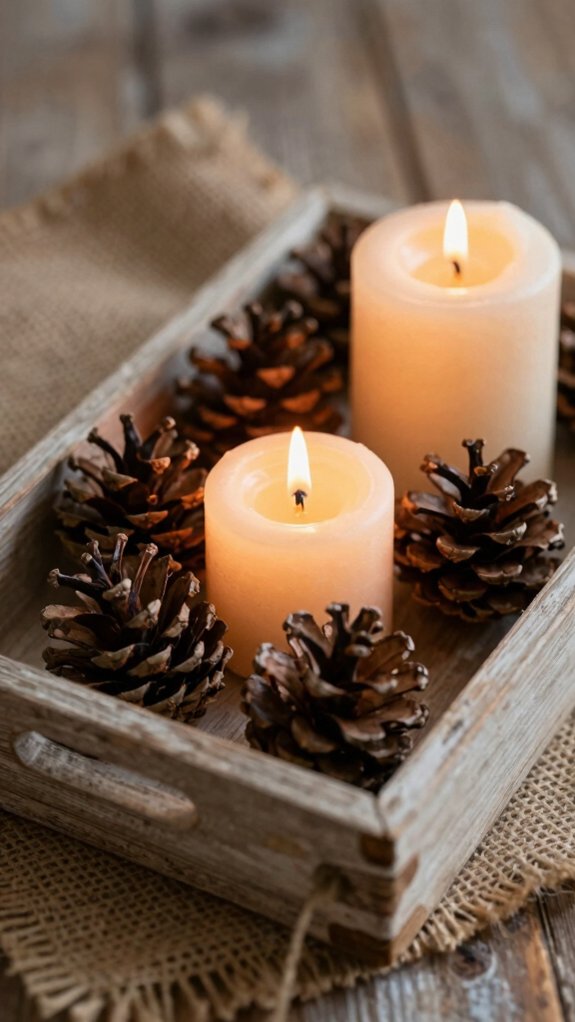 Candle Tray Decor Ideas That Instantly Make a Space Feel Warm and Elevated 9 rustic pine cone candle display