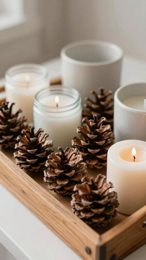 rustic woodland pine cone candle display