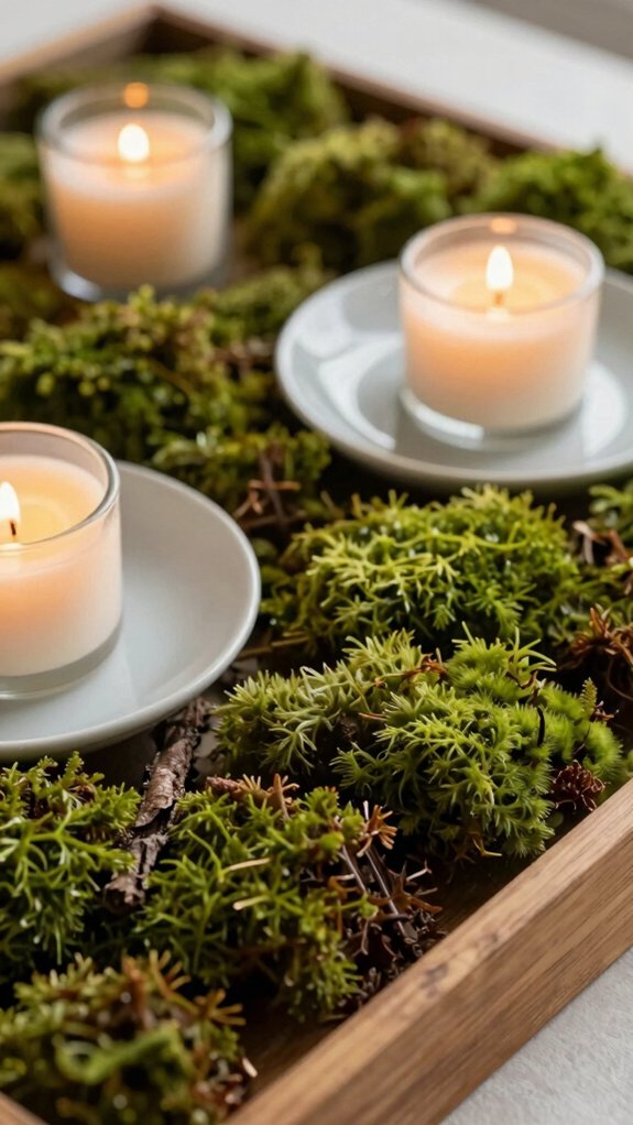 Candle Tray Decor Ideas That Instantly Make a Space Feel Warm and Elevated 11 spring tray moss mat