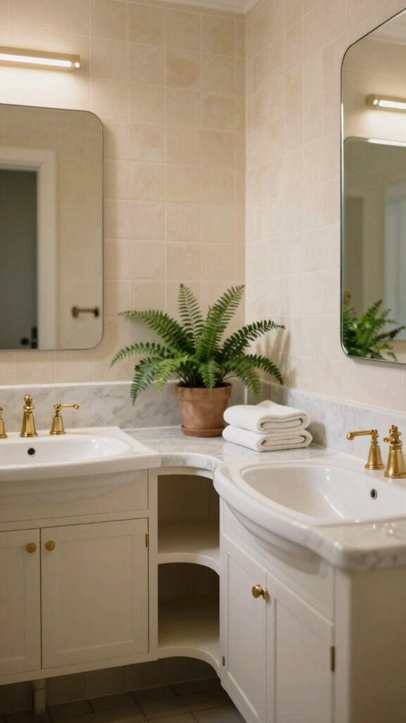 Mid Century Bathrooms That Feel Warm Without Looking Vintage 10 symmetry with soft brass curves