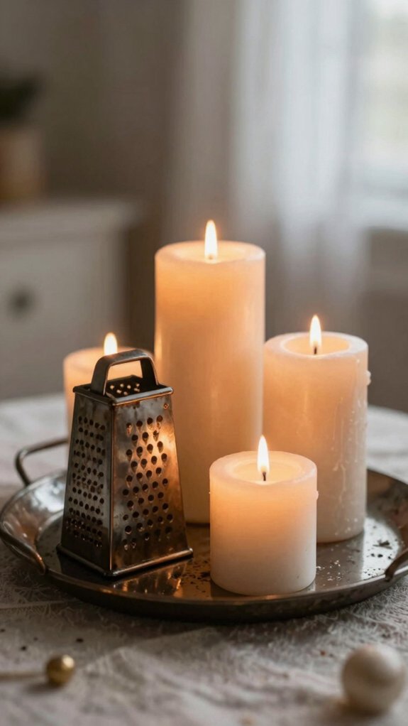 Candle Tray Decor Ideas That Instantly Make a Space Feel Warm and Elevated 15 vintage grater candle glow sparkle