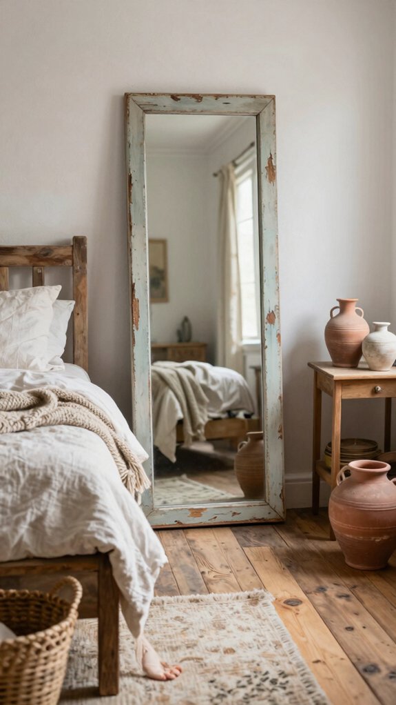 Farmhouse Bedroom Decor Ideas That Work Even Without a Closet 22 warm antiqued bedroom mirror