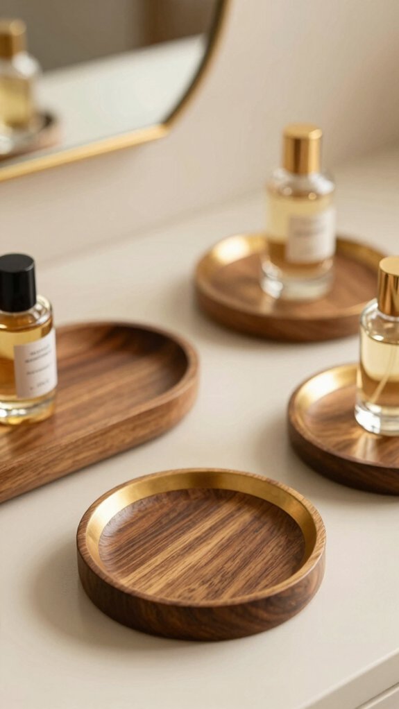 warm wood and gold trays