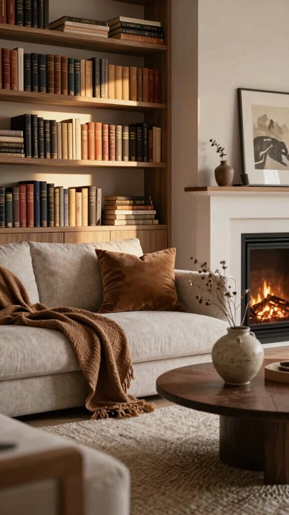19 Cozy Living Room Ideas Inspired by Designer Homes 6 bookcase stacks and cozy lighting
