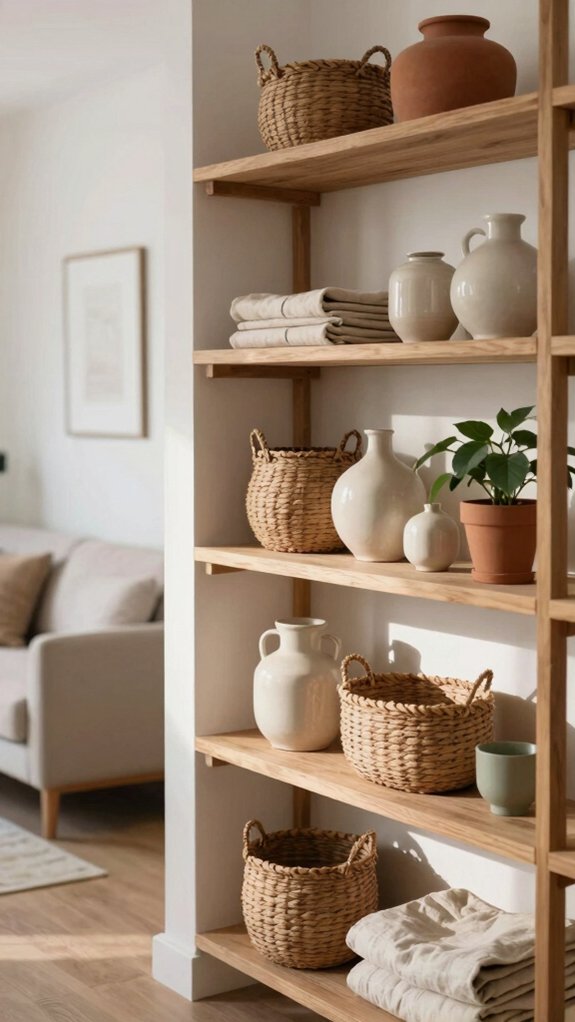 floating shelves color coordinated baskets