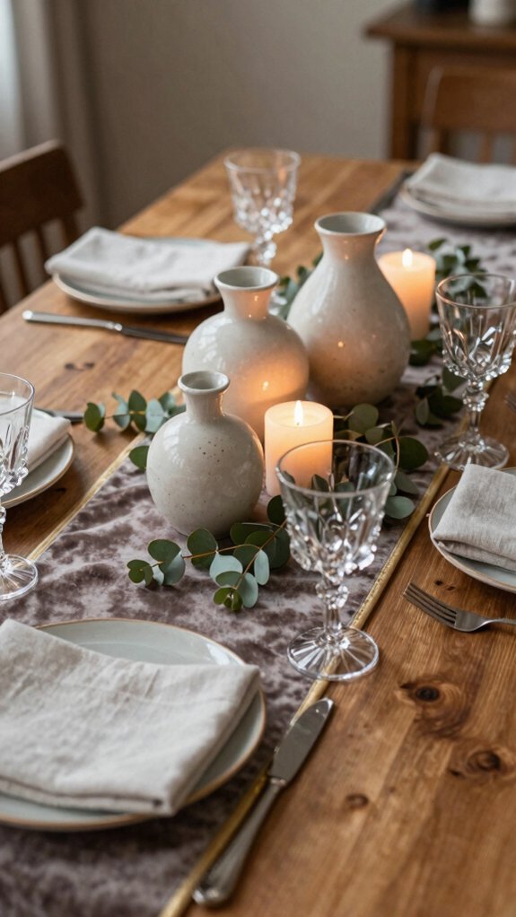 layered candle and greenery trays