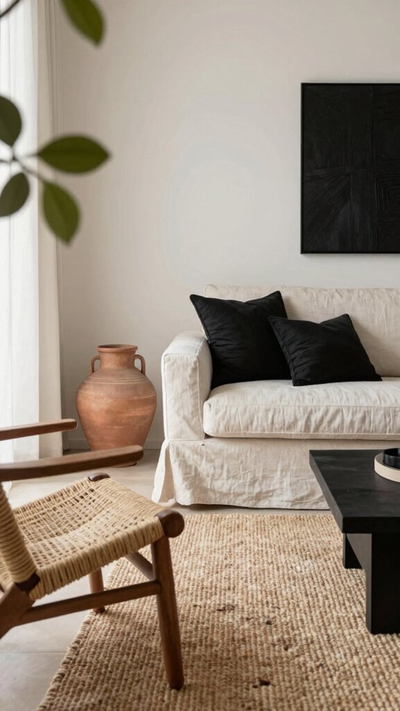 Modern Boho Living Rooms That Feel Bright Instead of Busy 7 matte black accents for contrast