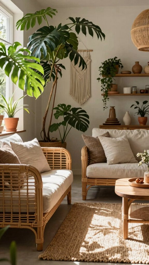 Modern Boho Living Rooms That Feel Bright Instead of Busy 6 oversized greenery for vertical space