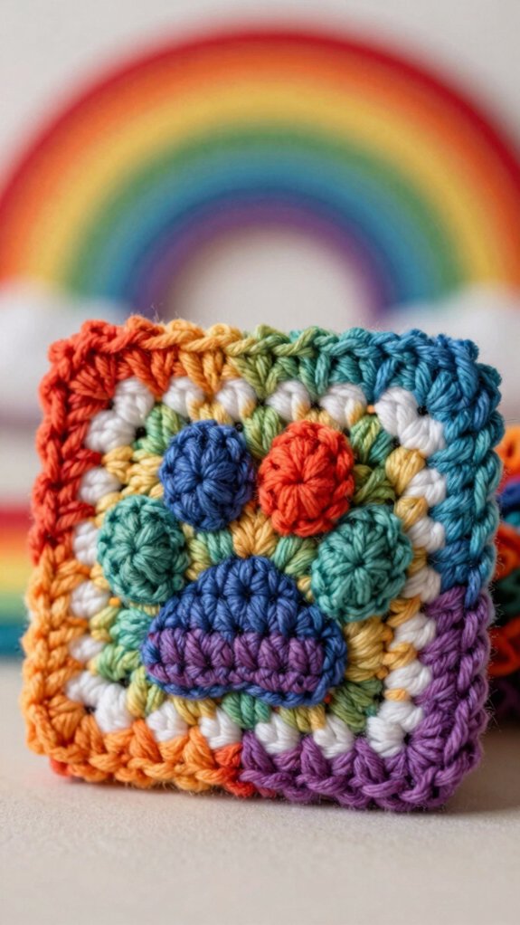 Dog Paw Granny Square: 12 Adorable Crochet Blocks for Pet Lovers 8 rainbow dog paw print square