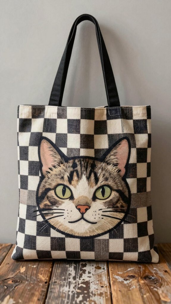 retro checkerboard cat tote bag