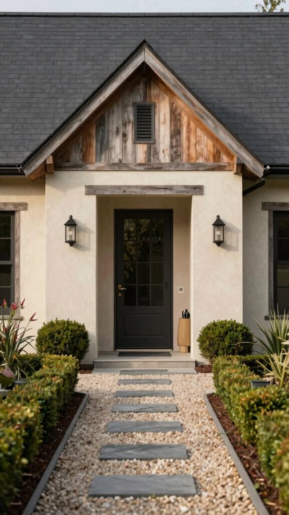 symmetrical entryway lanterns and planting