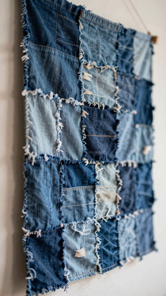 14 Upcycling Art Projects That Turn Everyday Waste Into Decor 2 upcycled denim patchwork hanging