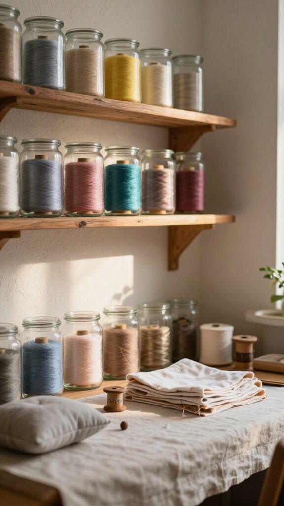 21 Sewing Room Decor Ideas That Make Your Craft Space Feel Beautiful 11 bright jar thread organizer