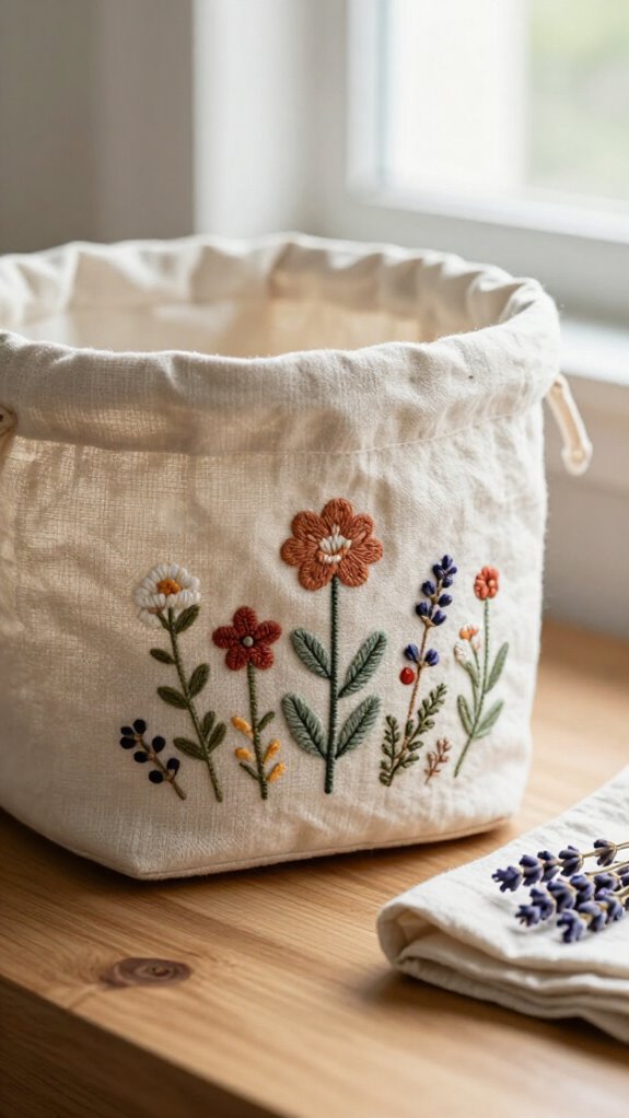23 Sewing Embroidery Designs That Turn Fabric Into Beautiful Home Decor 24 cozy linen fabric basket embroidery