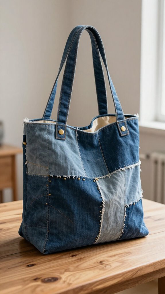 denim patchwork tote with pockets