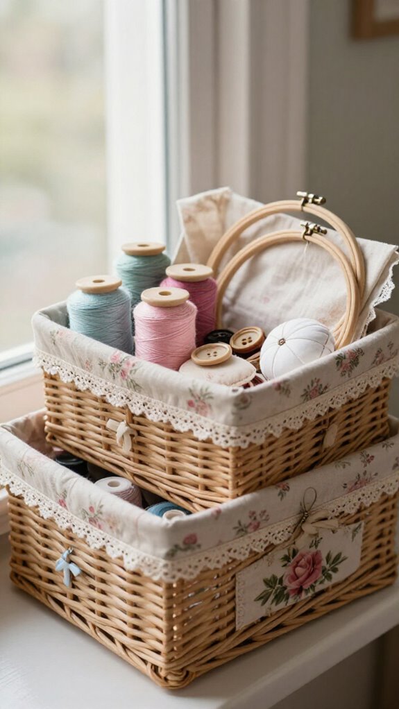 floral lined sewing storage basket