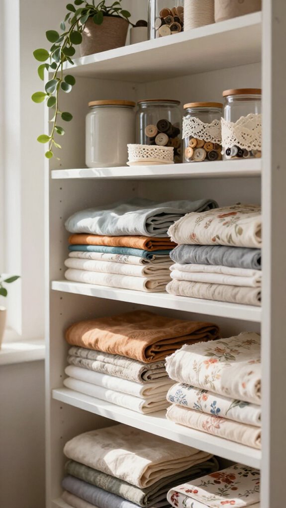 21 Sewing Room Decor Ideas That Make Your Craft Space Feel Beautiful 5 open fabric shelf display