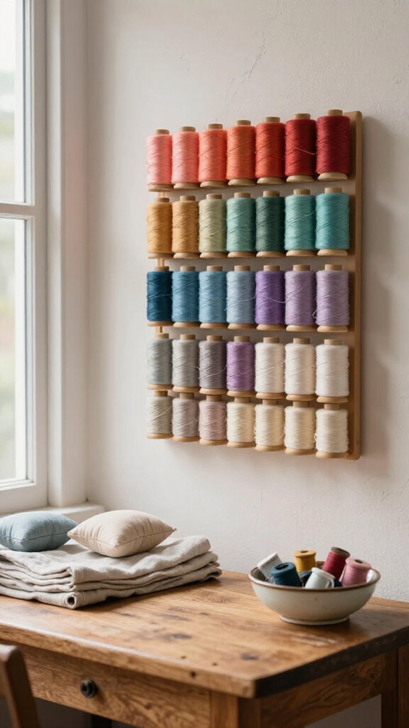 21 Sewing Room Decor Ideas That Make Your Craft Space Feel Beautiful 15 rotating labeled thread storage