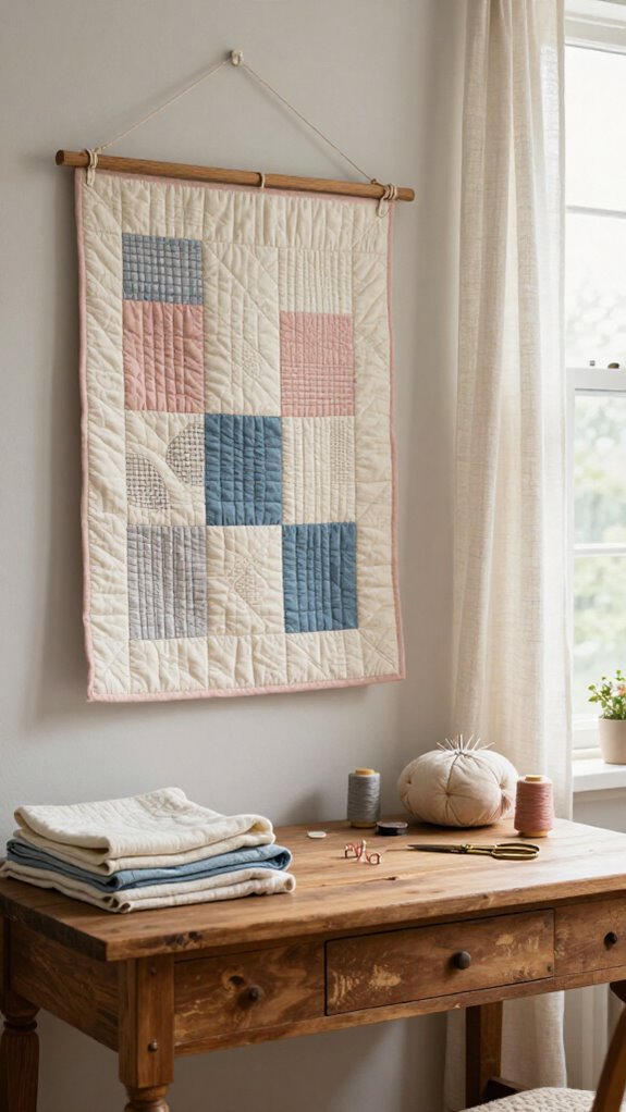 21 Sewing Room Decor Ideas That Make Your Craft Space Feel Beautiful 7 soft pink quilted wall decor