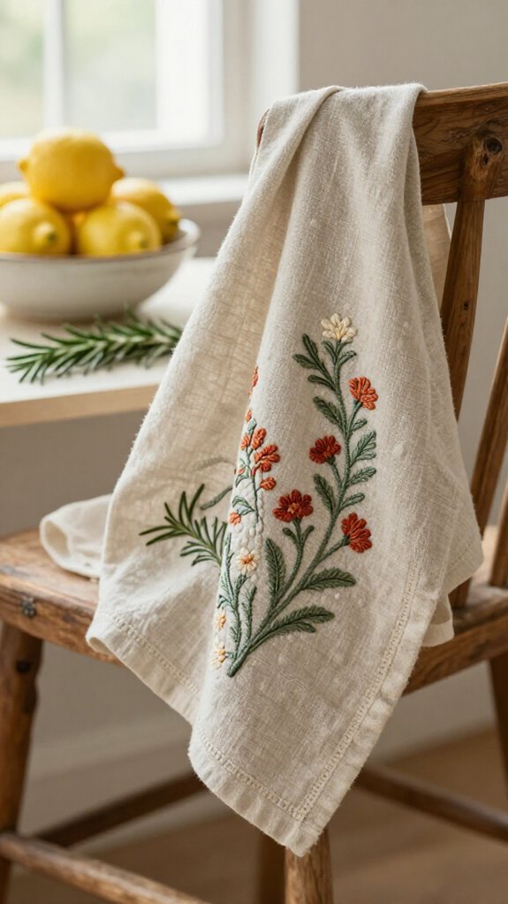 23 Sewing Embroidery Designs That Turn Fabric Into Beautiful Home Decor 6 stitched leaves on plain towel