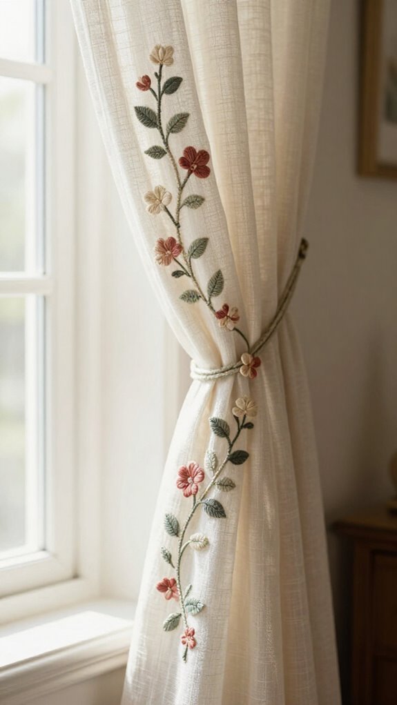 23 Sewing Embroidery Designs That Turn Fabric Into Beautiful Home Decor 10 stitched vine curtain tiebacks
