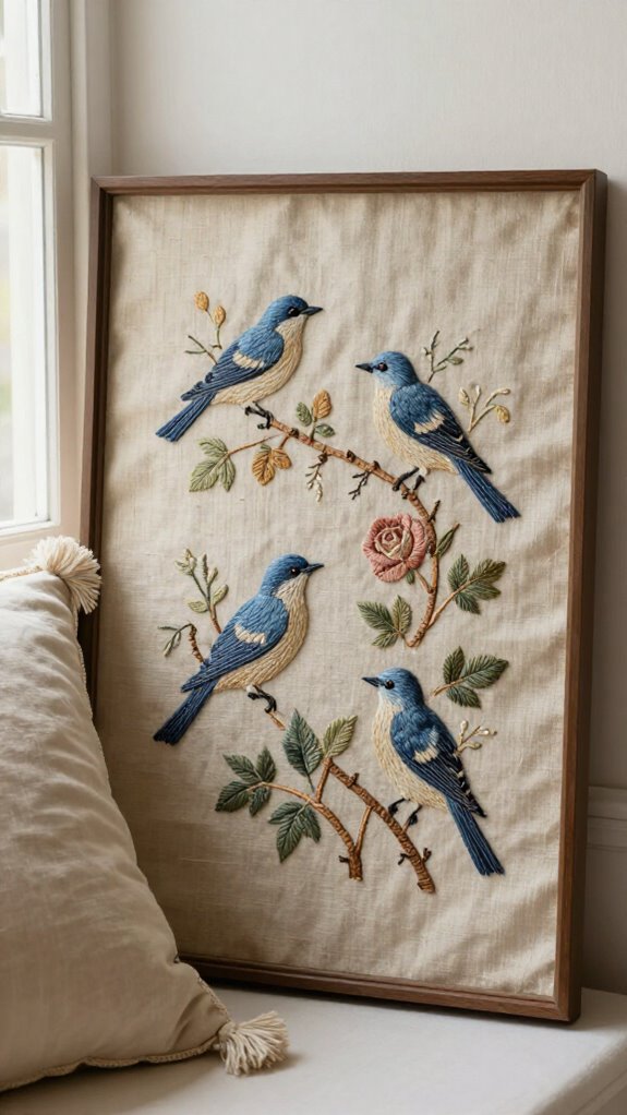 23 Sewing Embroidery Designs That Turn Fabric Into Beautiful Home Decor 19 vintage bluebird stitch sampler