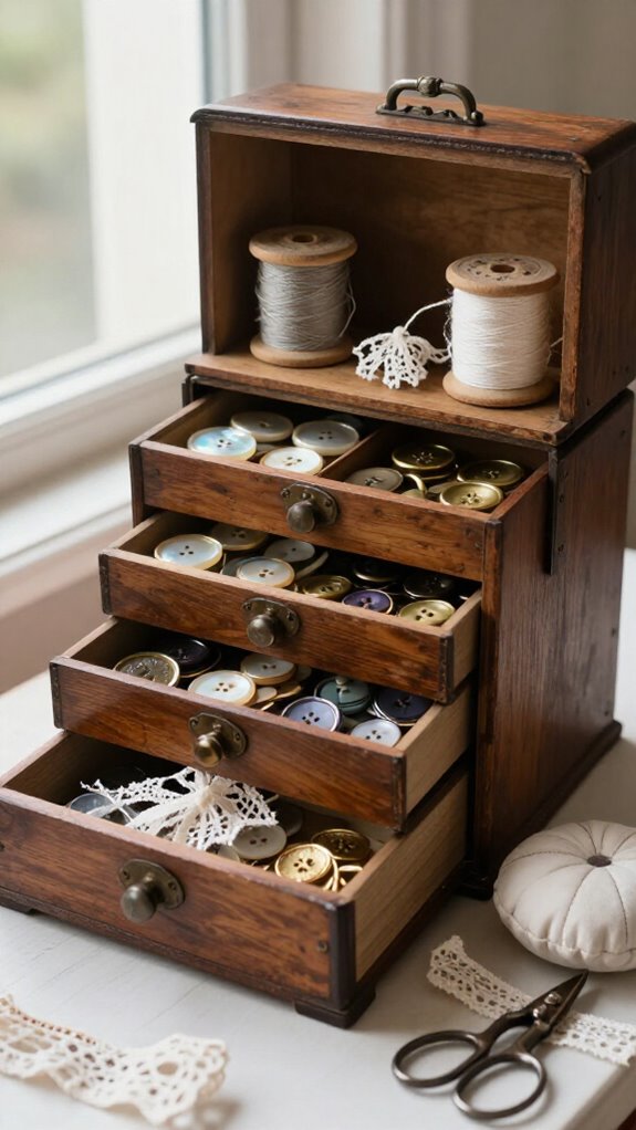 vintage button display sewing box