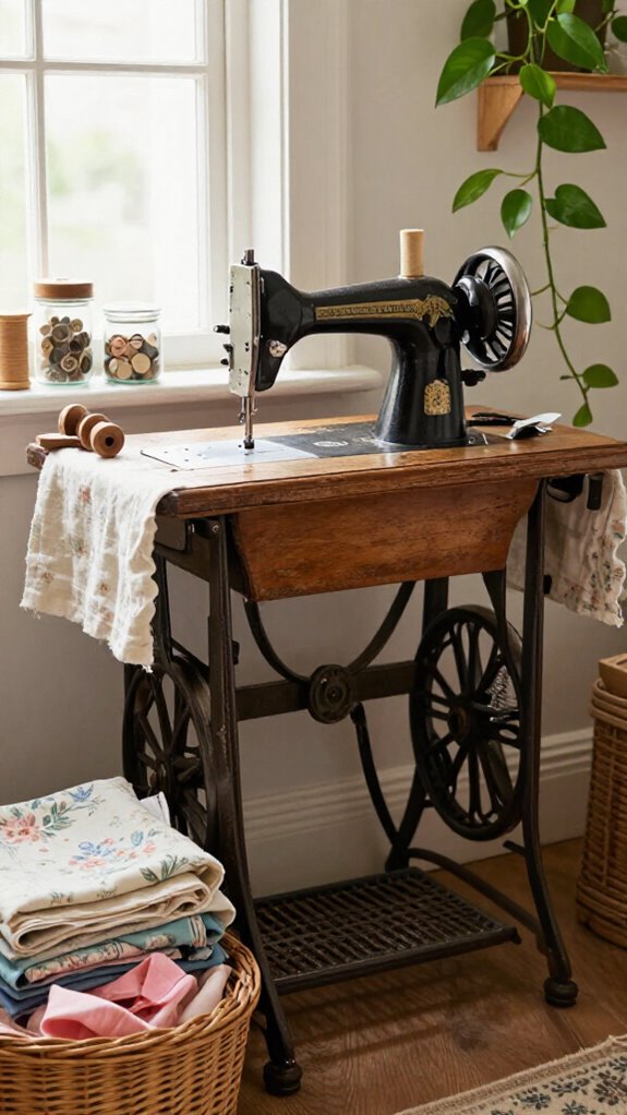 21 Sewing Room Decor Ideas That Make Your Craft Space Feel Beautiful 6 vintage sewing machine vignette